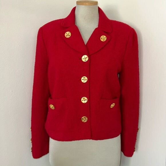 Adolfo Saks Fifth Avenue red wool skirt suit jacket 6 medium m gold - Picture 2 of 14